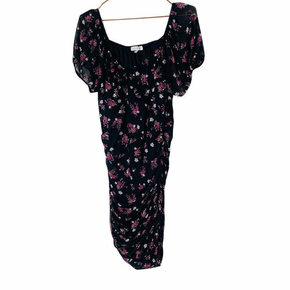 EUC ANGL Ultra Flirt Black Floral Ruched Dress XL